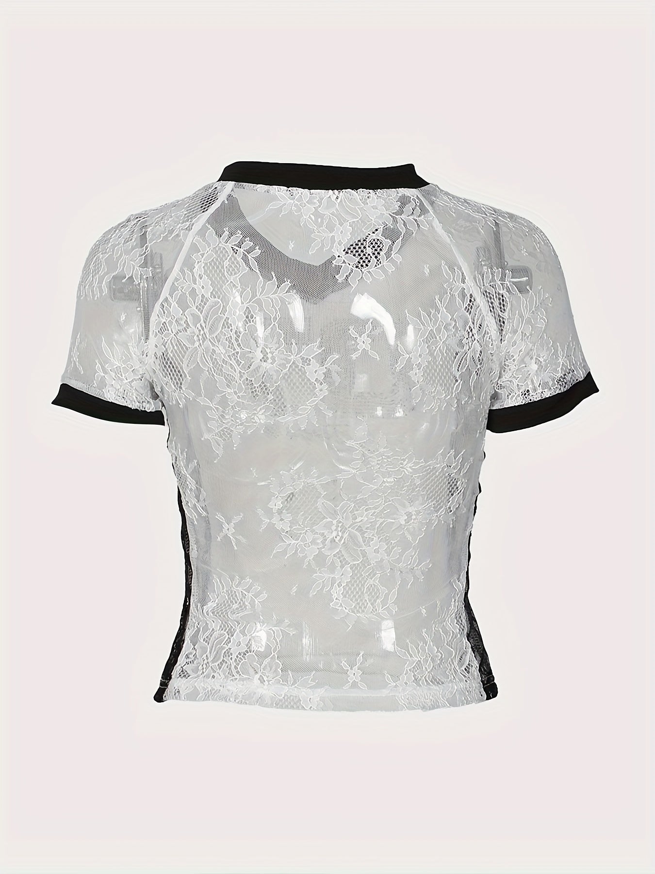 Women'S Spring Summer V-Neck Poly Lace Crop Top, Color Block Pattern, Knit Fabric, 95g/m², Short Sleeve, Rhinestone, Sexy, Sheer, for Nights Club